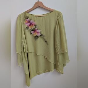 Yolanda Lorente Hand Painted Silk Blouse Green Floral Layered Top | Small